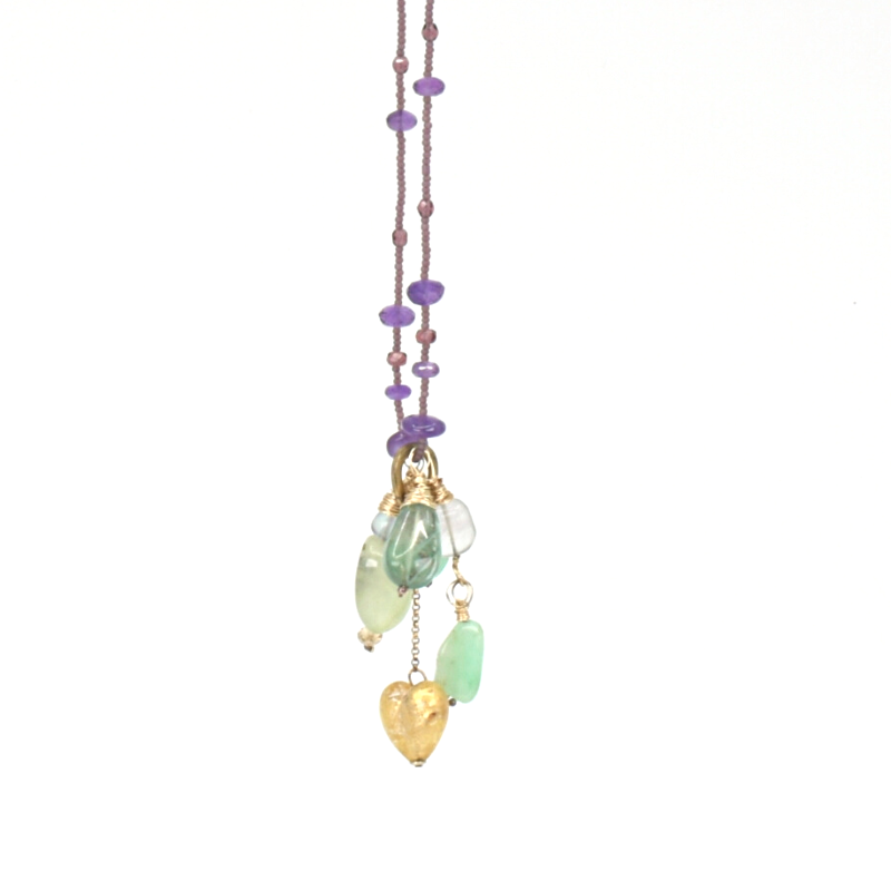 Long beaded necklace with multiple pendant charms in amethyst, fluorite, chrysoprase and prehnite stones. Designed and handcrafted by Ula Frou creator Sadie Hodson on Salt Spring Island.